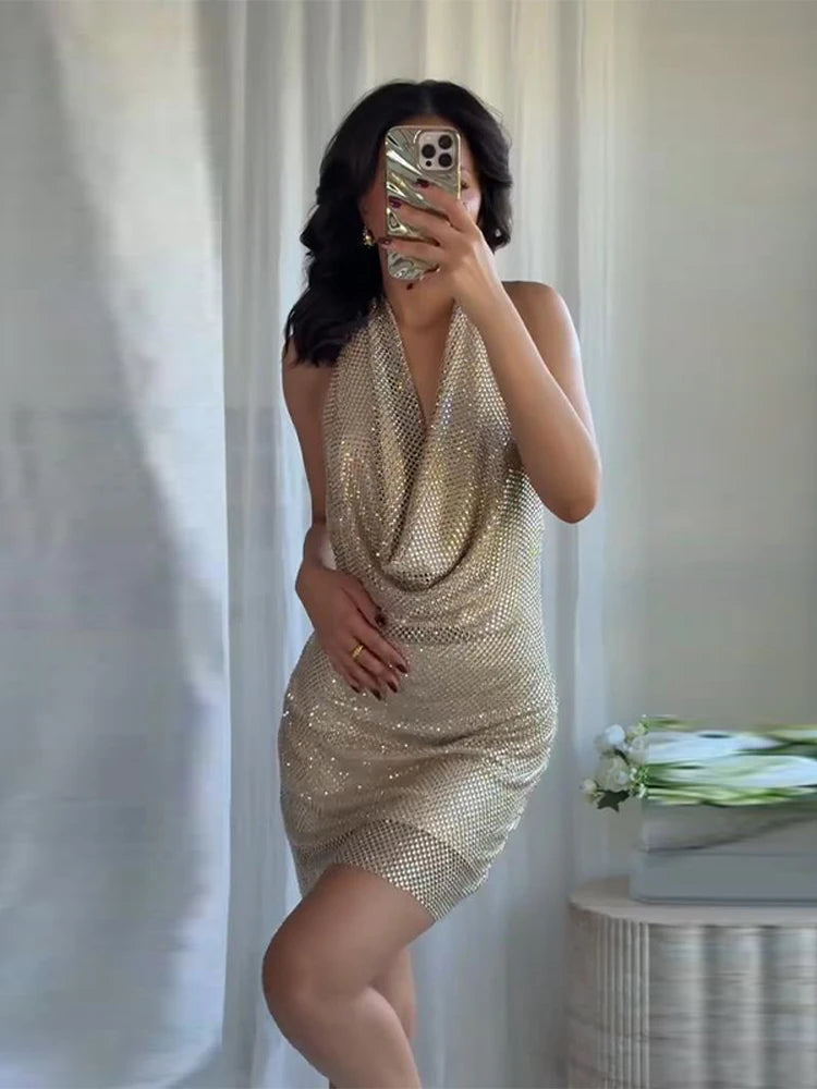 Rhinestone Halter Short Dress Women Sexy Sleeveless Backless Waist Cinching Hip Package Bodycon Party Evening Dresses Streetwear
