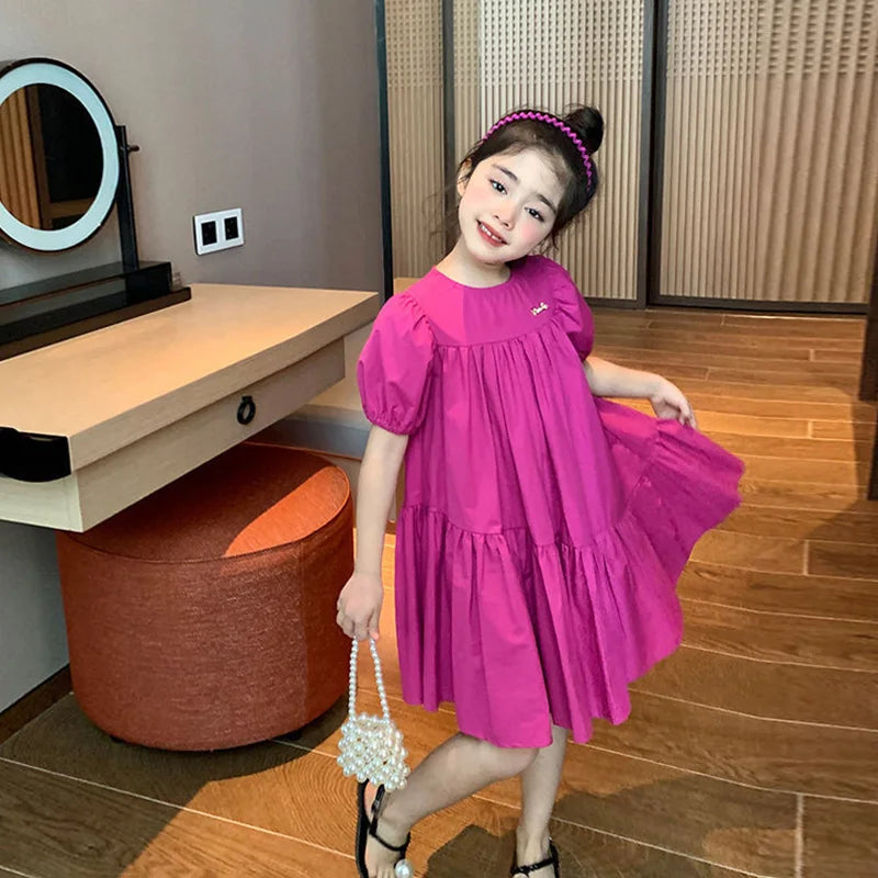 Summer Girls Dress Spring Children Sweet Princess Gown Kids Casual Short-sleeve Vestidos Baby Girl Solid Color Clothing Dresses