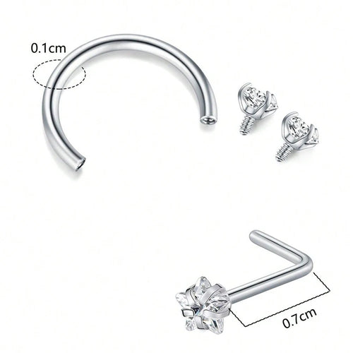 6/2pcs Horseshoe Nose Rings With L-Shape Nose Stud, Stainless Steel Rianbow CZ Nose Ring,, Lip Eyebrow Helix Ear Piercing