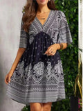 Bohemian Vintage Printed Dress Women's V-Neck Short Sleeved Mini Dresses Elegant Summer Casual Loose Party Dress Robe Femme