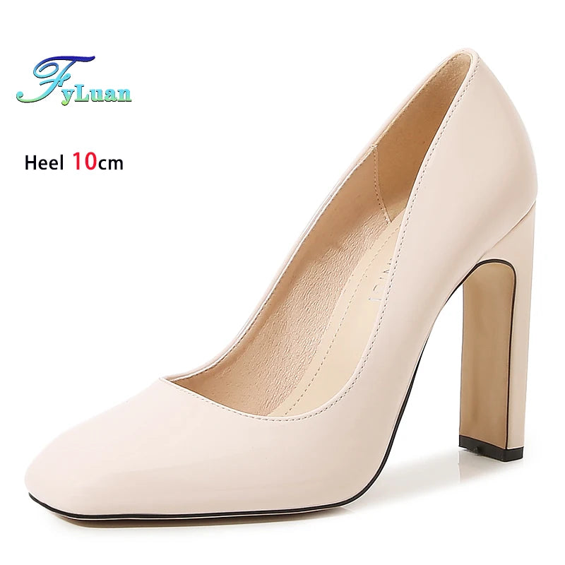 Square Head Single Shoes For Women 10CM Thick Heeled Shallow Mouth Model Shoes Designer 2025 Office Lady Pumps Summer High Heels