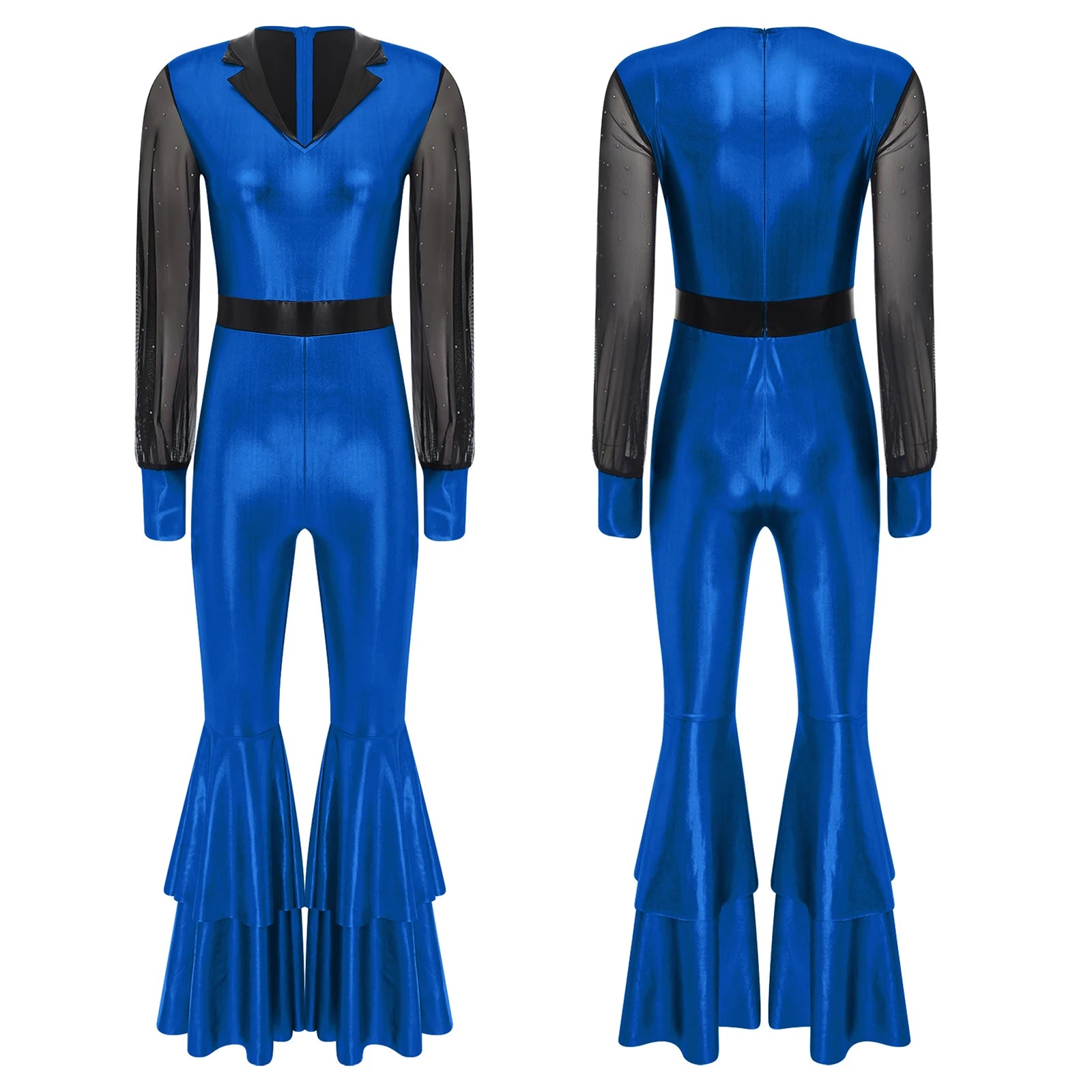 70 80s Disco Classical Vintage Jumpsuit Women Shiny Metallic High Waist Flared Bell-bottomed Rompers Playsuits for Dance Cosplay