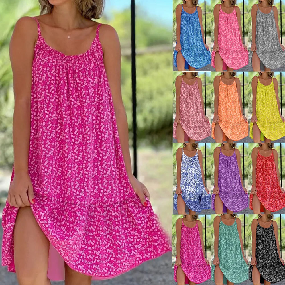 Women Slip Loose Floral Print Dress Summer Female Sleeveless Oversized S-5XL Swing Party Dresses FYY-1030