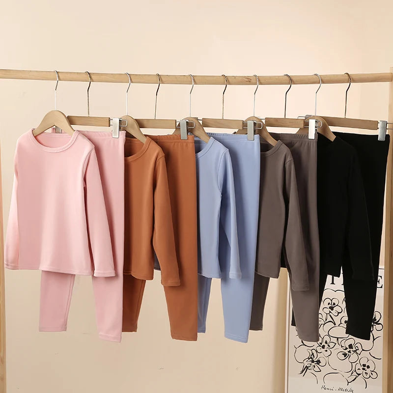 Children's solid color warm suit boys and girls grinding wool autumn clothes and trousers 2-piece home clothes plus size