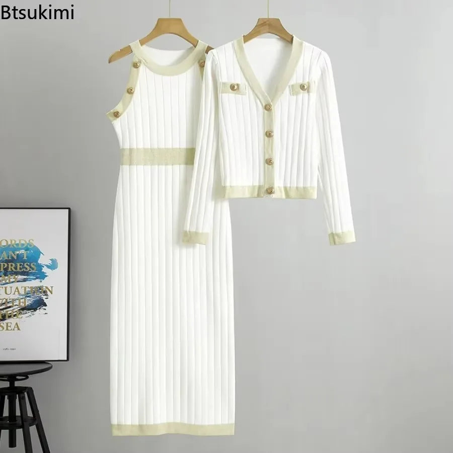 French Style Dress Sets Women's High Waist Knitted Two-pieces Sweater Tant Dress and Coats Spring Autumn Fashion Elegant Outfits