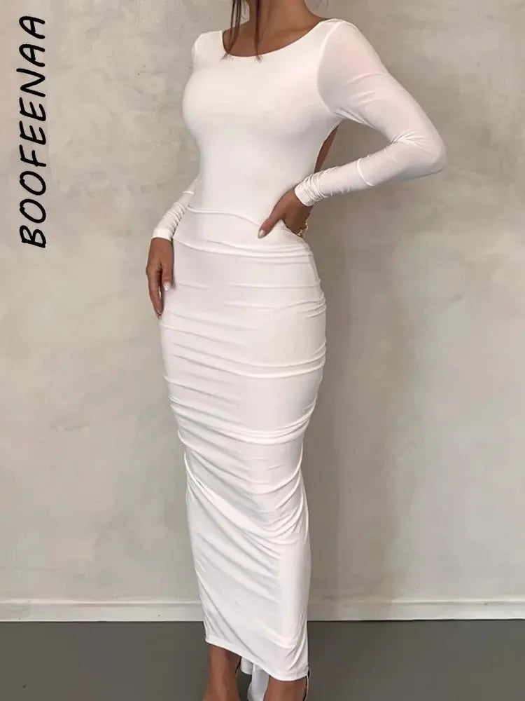 BOOFEENAA Pleated Open Back Long Sleeve Maxi Dress for Birthday Women Black White Elegant Evening Gown Party Dresses C15-BI37