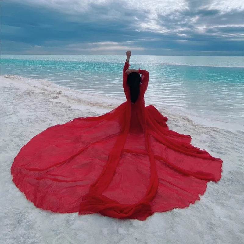 2026 Spring/Summer Silk Dress with Charm Seaside Vacation Beach Dress Red Extra Long Tailed Long Dress White Elegant And Gracefu
