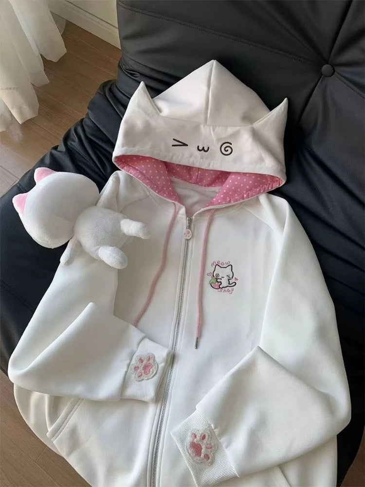 Japanese Cartoon Embroidery Casual Kawaii Hoodies Y2k Aesthetic Loose Drawstring Women Hoody Harajuku Autumn Zipper Sweatshirt