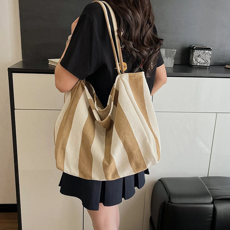 Summer Stripe Canvas Tote Bag Female Casual Large Capcity Simple Shoulder Bags Shopping Handbag Daily Totes Bag