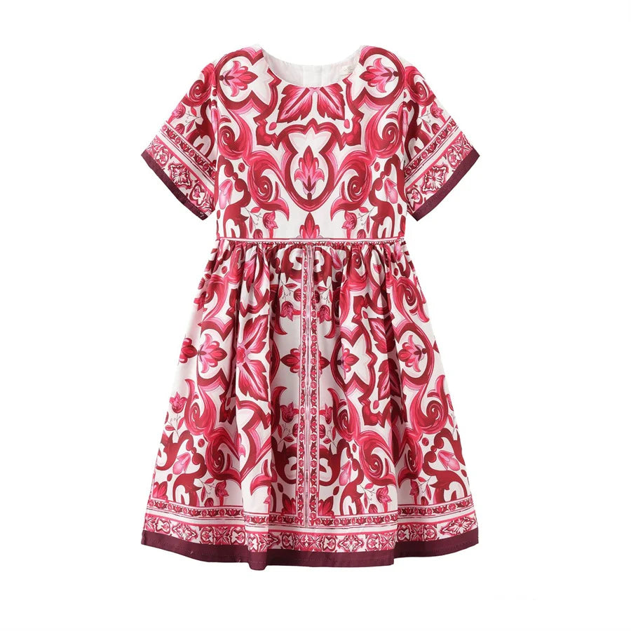 New Design Girls Dress Children Retro Short Sleeve Princess Dresses Kids Summer Printed Birthday Clothing Cotton Costumes