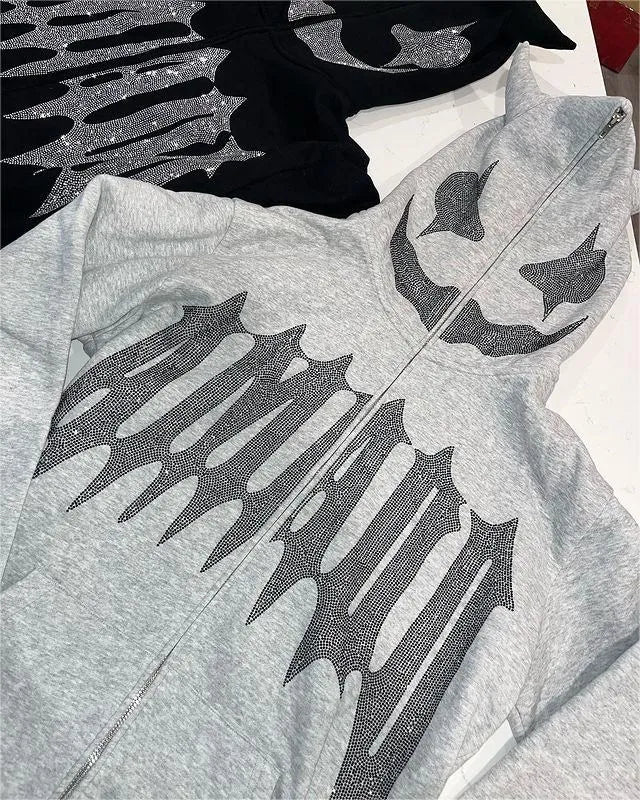 Men Y2K Fashion Hoodie Monster Horn Rhinestones Hoodie Clothes Hoodies Goth Grunge Long Sleeve Women Sweatshirt Oversized Tops