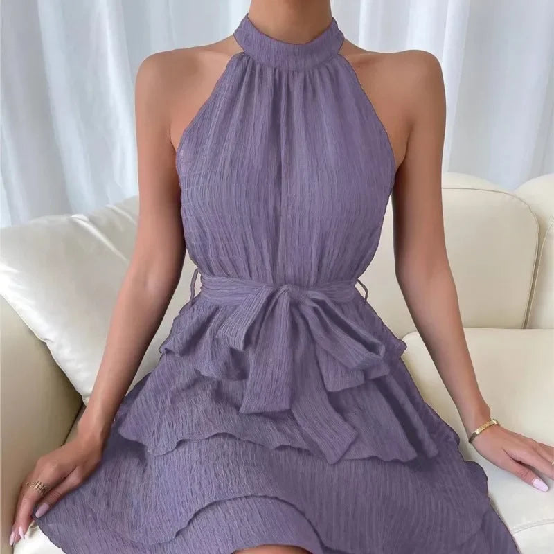 Women's Red Mini Dress Vestidos 2025 Summer Fashion Sexy Style Halter Sleeveless Ruffle Edge Tied Woman Dresses Women Sundress