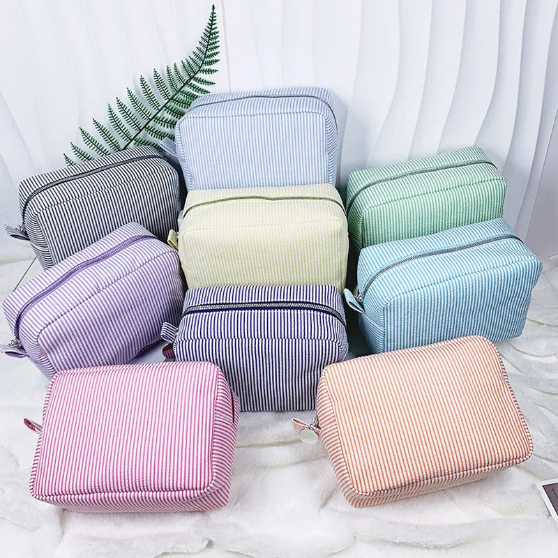 Seersucker Ruffle Cosmetic Bags Pink/Purple Striped Storage Make Up Bags for Women Lady with Zipper Travel Bag Makeup Bag