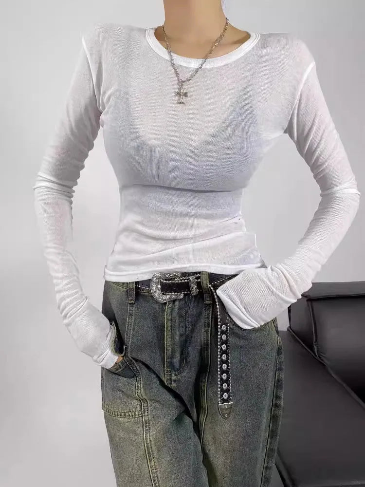 Spring and summer women's round neck slim fit long sleeved semi transparent T-shirt