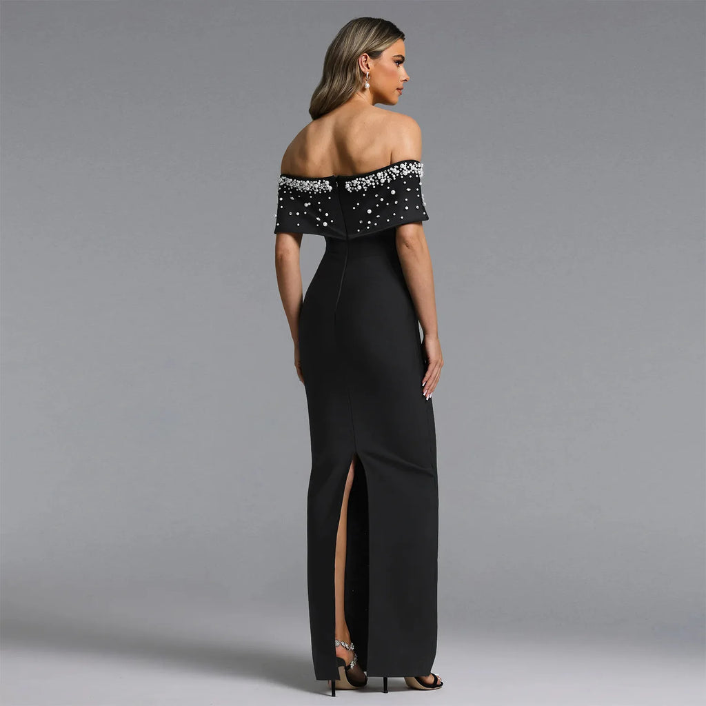 HBLL Black Women Sexy Off The Shoulder Beading Bodycon Long Dress Evening Party Celebrate Birthday Cocktail Gowns Vestidos Longo