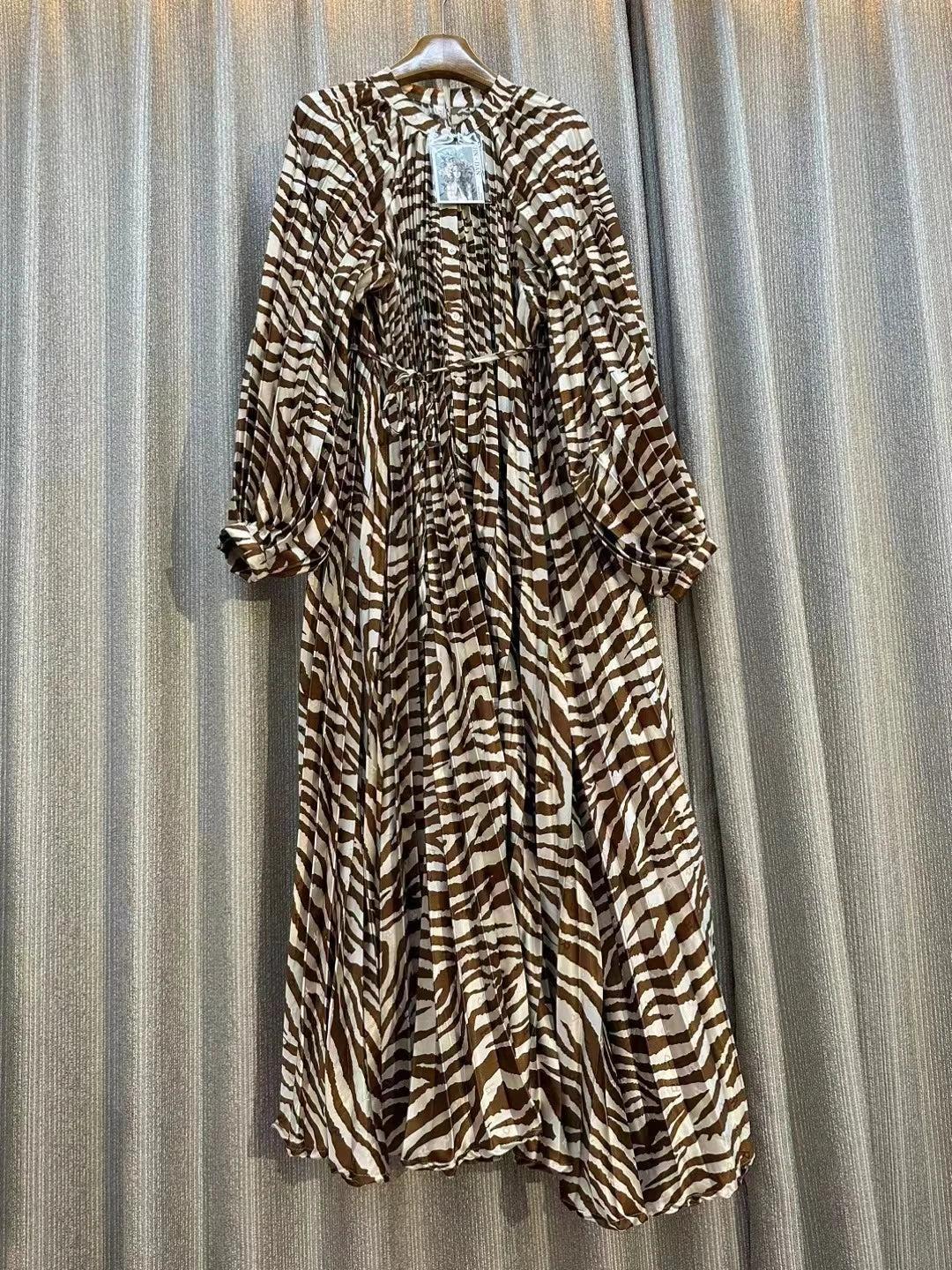 Clearance Temperament Women Lantern Long Sleeves O-Neck Slim Single Breasted Print Maxi Dress Elegant Vintage Chic Spring Dress