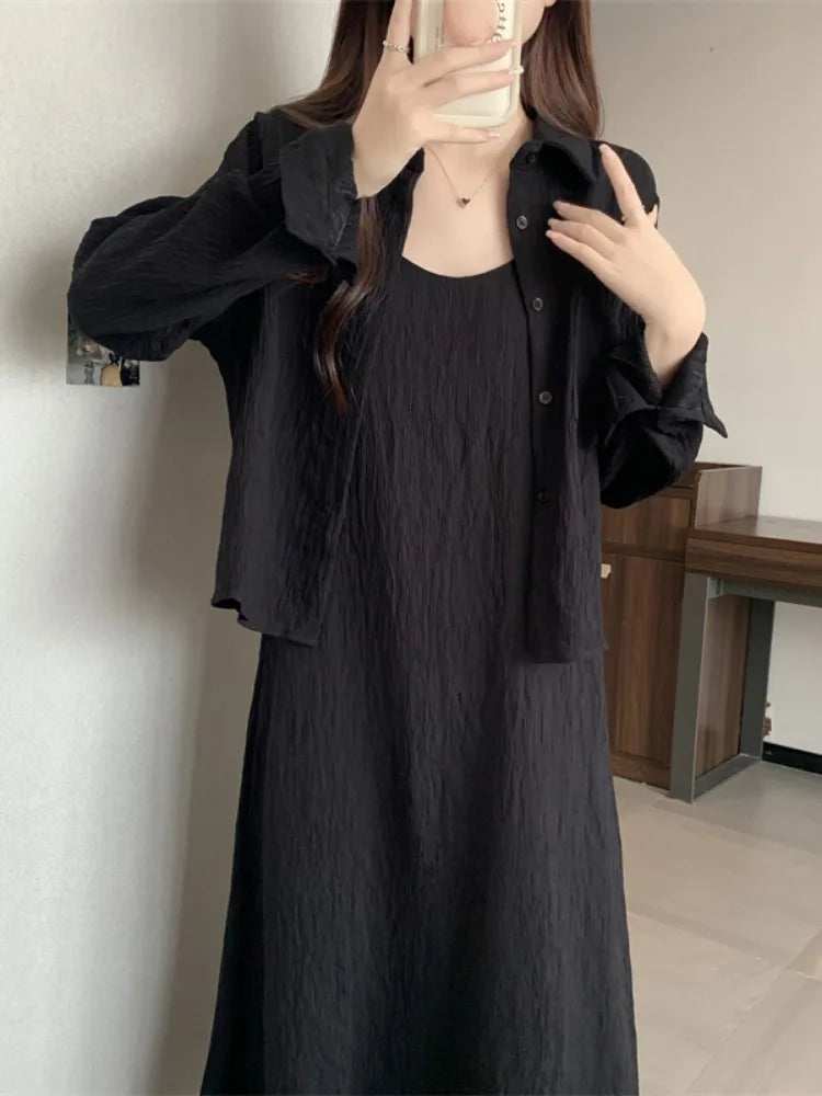 plus Size Summer Long Sve irt Early Spring New Sle Slimming Meat Covering Ele Strap Dr Two Piece Set Women's Cl...