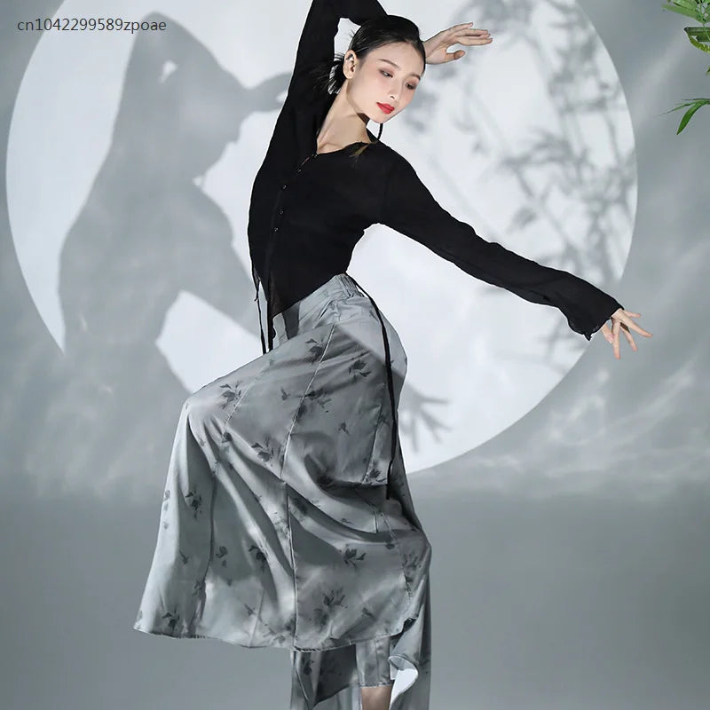 National Style Beautiful Classical Dance Clothes For Women Elegant Long Sleeve Black Tops Loose Skirts And Pants Ethnic Style