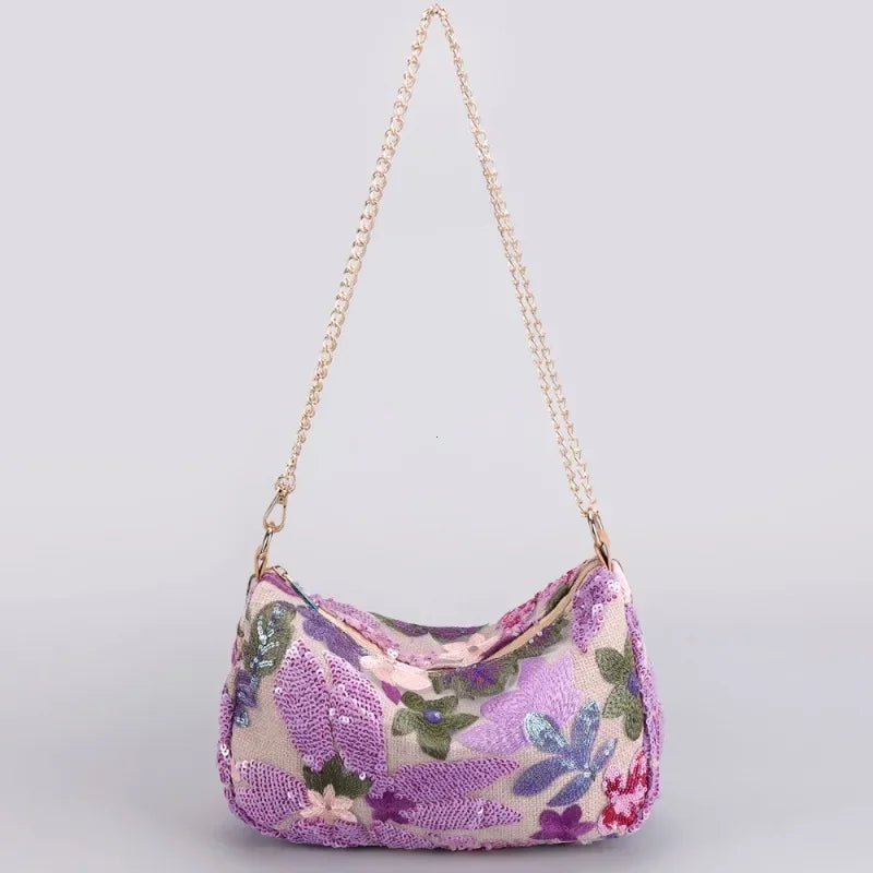 Cute Flower Embroidery Women Shoulder Bags Fashion Sequin Chains Crossbody Bag Summer Casual Beach Bag Hobos Handbag and Purse
