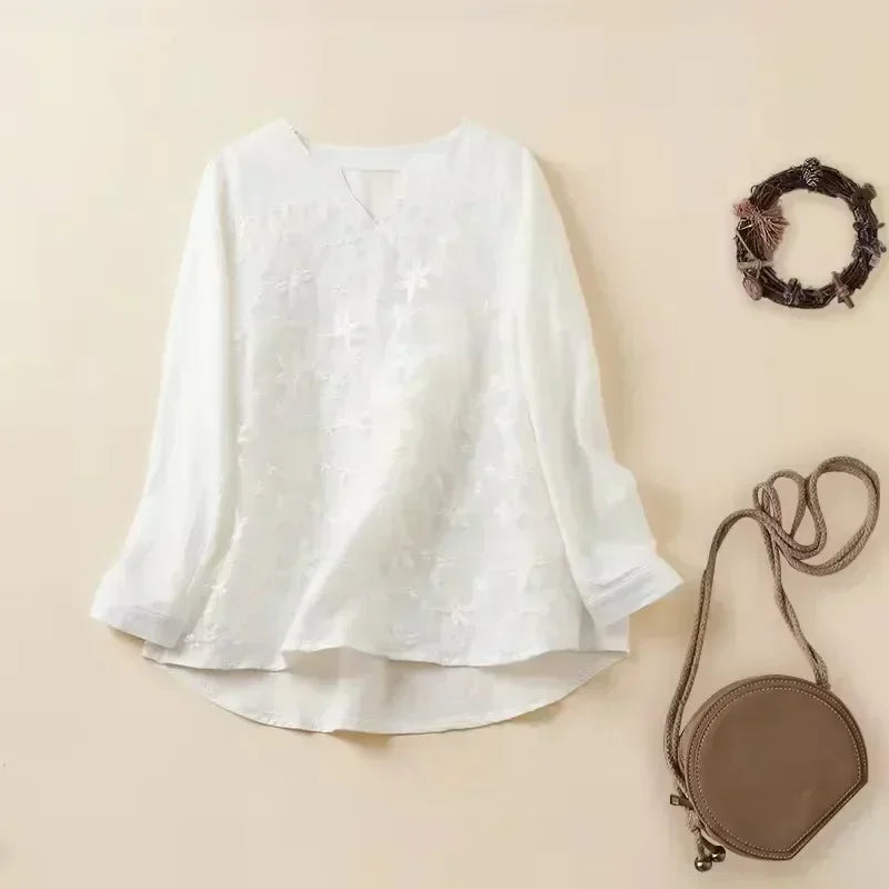 Women Lace Long Sleeve Tops V Neck Embroidery Loose