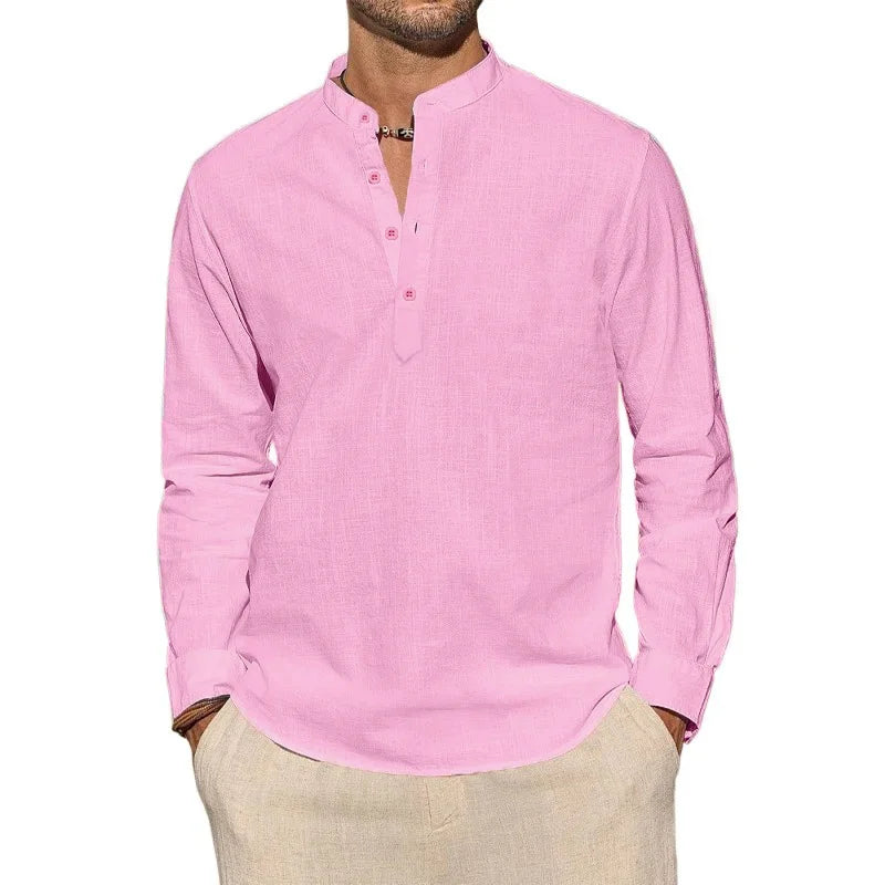 Men's Long Sleeve T-Shirts Casual Lightweight Breathable Henley Neck Solid Color Tops Hawaiian Vacation Beach Style Button Polo