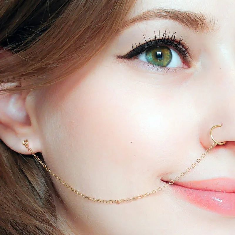 New 1Pcs  Ear Hook Nose Ring Body Jewelry Tassel Chain Link Nose Piercing Body Puncture Nostril Piercing for Women Jewelry