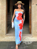 Sexy Strapless Print Tube Maxi Dress Women Off Shoulder Backless Stretch Long Sundress 2025 Summer Beach Y2K Clothes