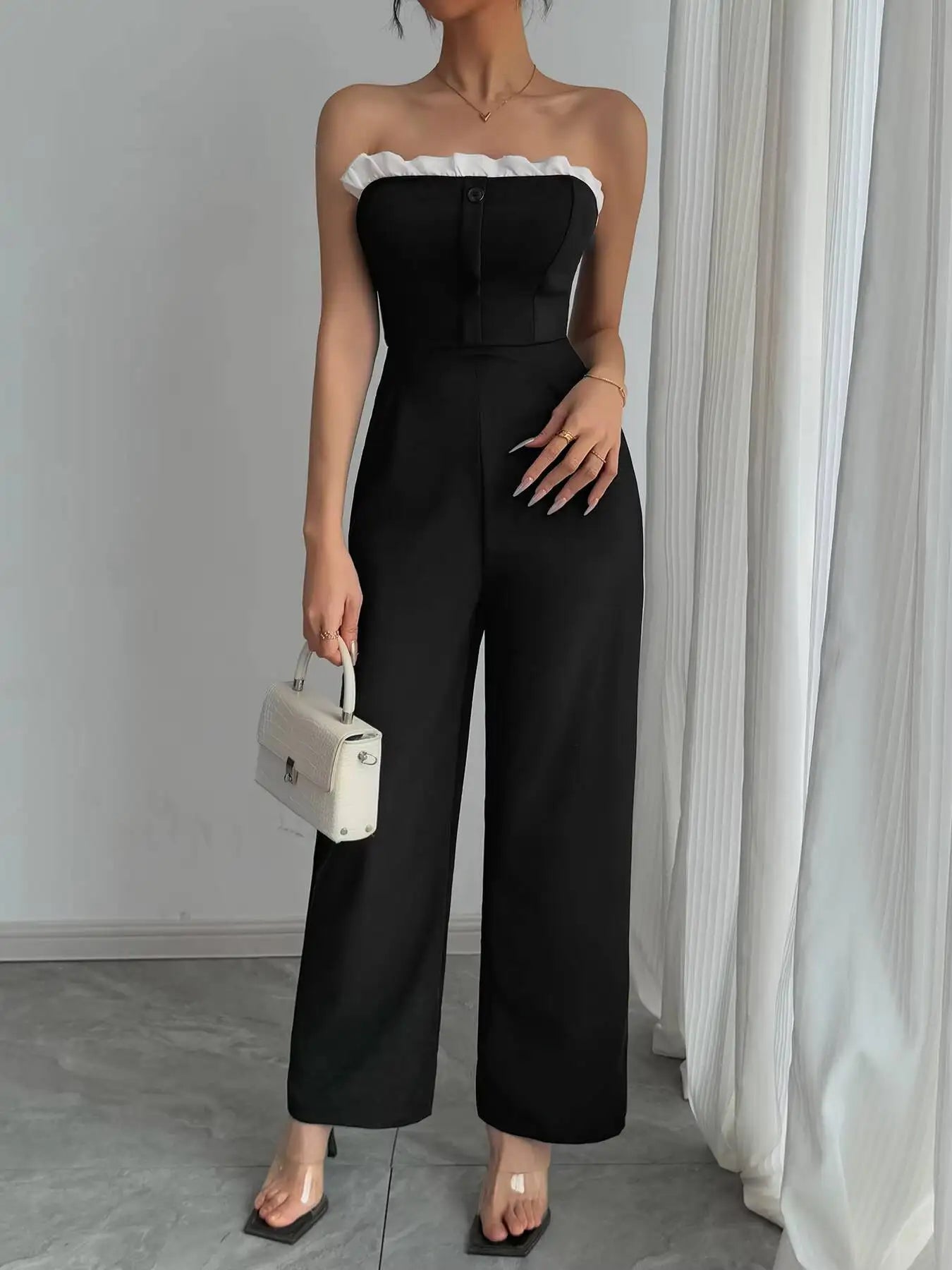 Jumpsuit Spring Summer Women Black Strapless White Ruffle Trim Wide Leg Chic Elegant Daily Date Party Jumpsuit