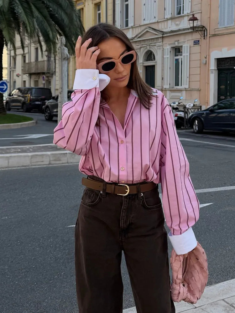 HH 2026 Female Fashion Versatile Blouse Top Women Spring Pink Striped Lapel Long Sleeve Single Breasted Decoration Casual Shirt