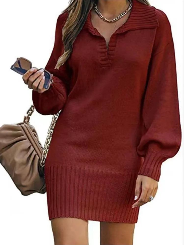Women's Sweater Mid Length Dresses Fashion Lapel Lantern Sleeve Knit Solid Color Elegant Female Fall Winter Sweater Dress 2024