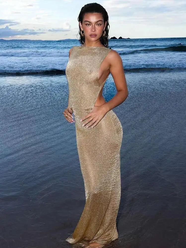 Townlike Sparkle Glittar Slim Bodycon Dress Women Maxi Long 2024 Summer Dress Perspective Backless Nightclub Sexy Party Dresses