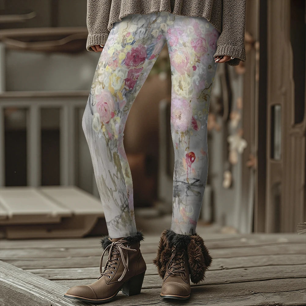 Colorful Blooming Flowers Pattern Women's Leggings Autumn Winter Warm Fashion Tights Stylish Outdoor Look Fashion Streetwear