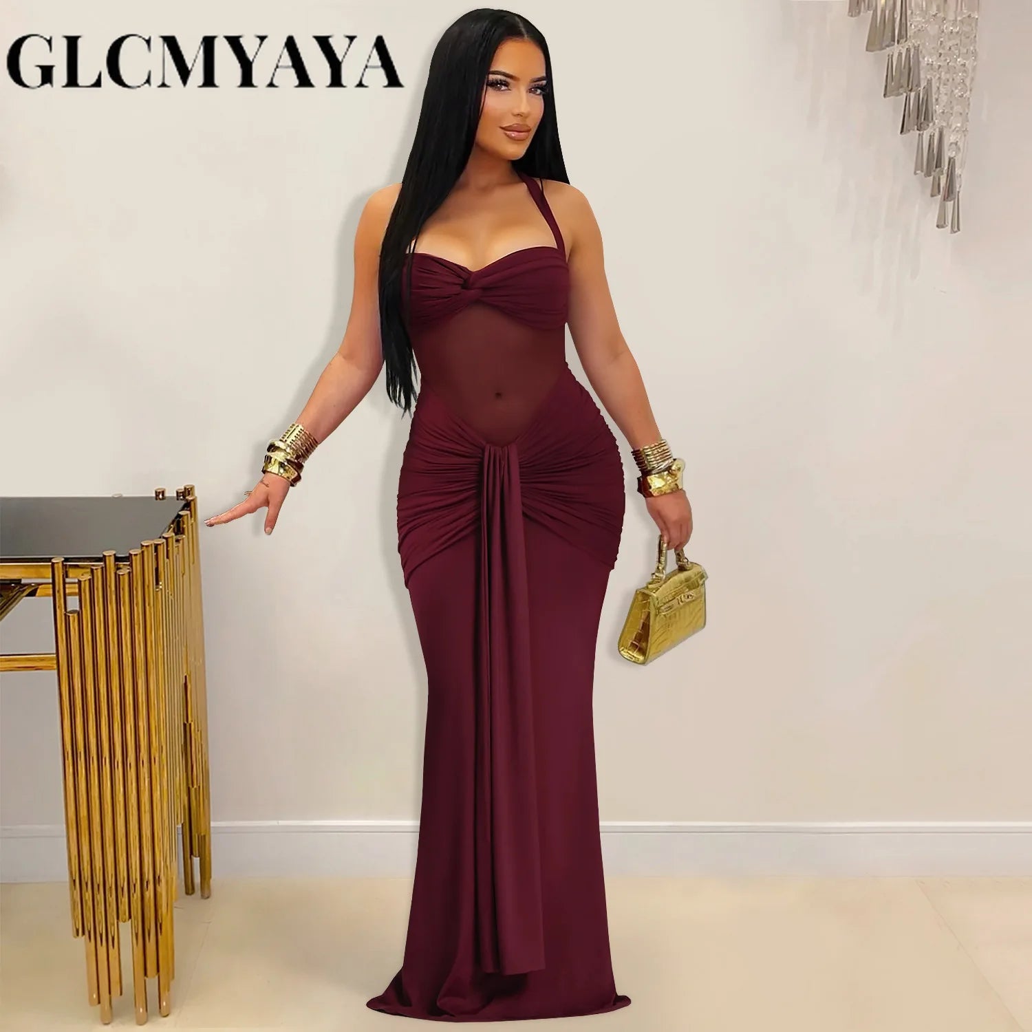 CM.YAYA Women Off Shoulder Halter Lace Up Ruched Bodycon Maxi Dress 2026 Birthday Evening Sexy Party Long Dresses Vestidos