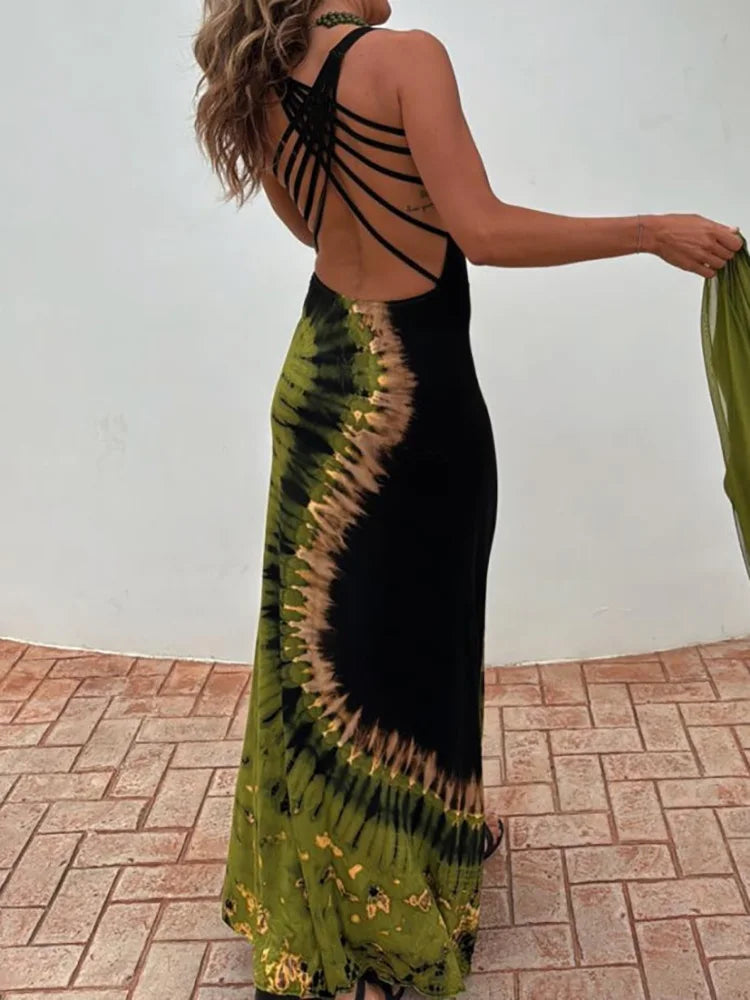 Summer Women Sleeveless Holiday Maxi Dress, Hollow Sexy Patchwork Party Dress, 2025 Printed Fashion Simple Ladies Dress Vestidos