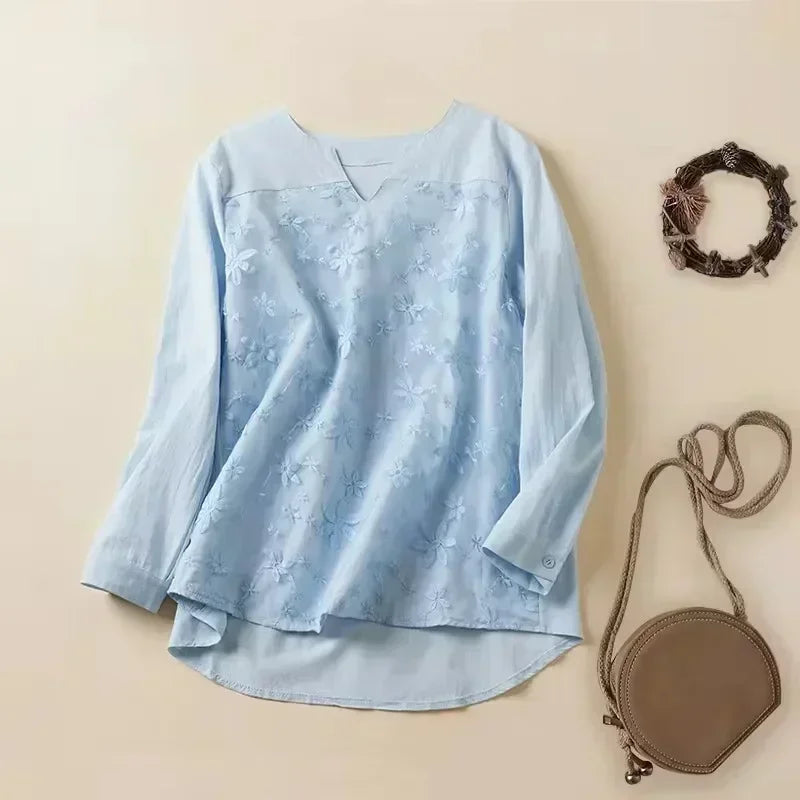 Women Lace Long Sleeve Tops V Neck Embroidery Loose