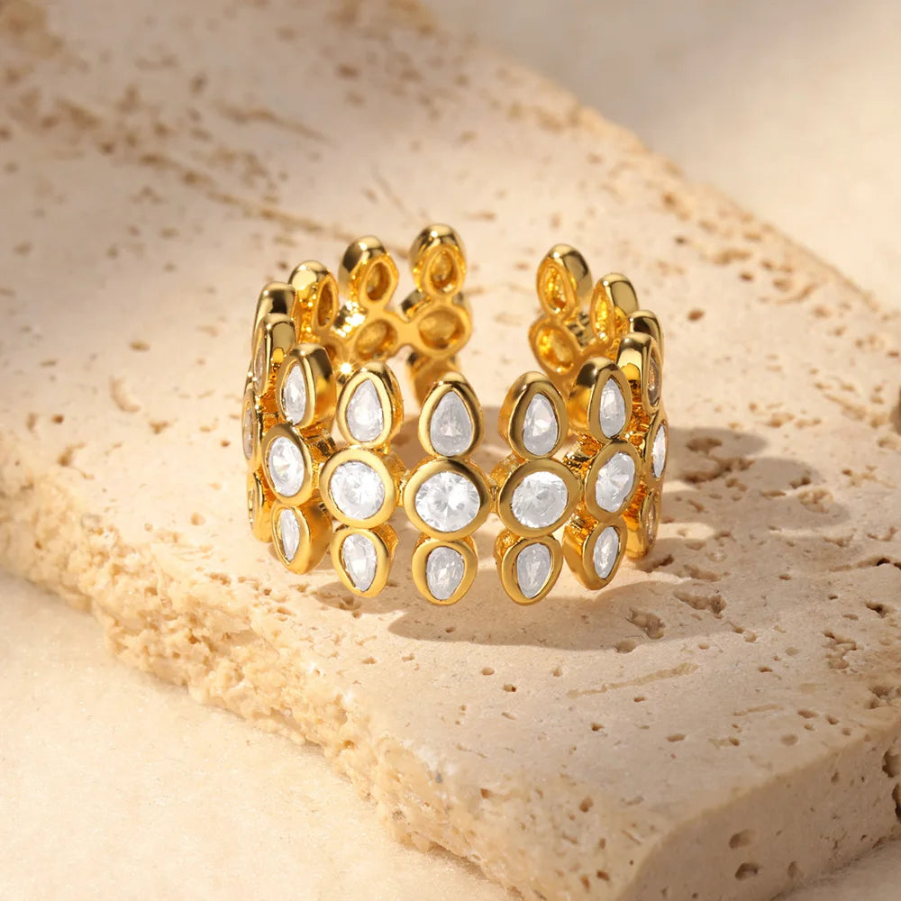 White Zircon Geometric Stainless Steel Rings For Women Gold Color Adjustable Wedding Aesthetic Ring Jewelry Gift Accessories
