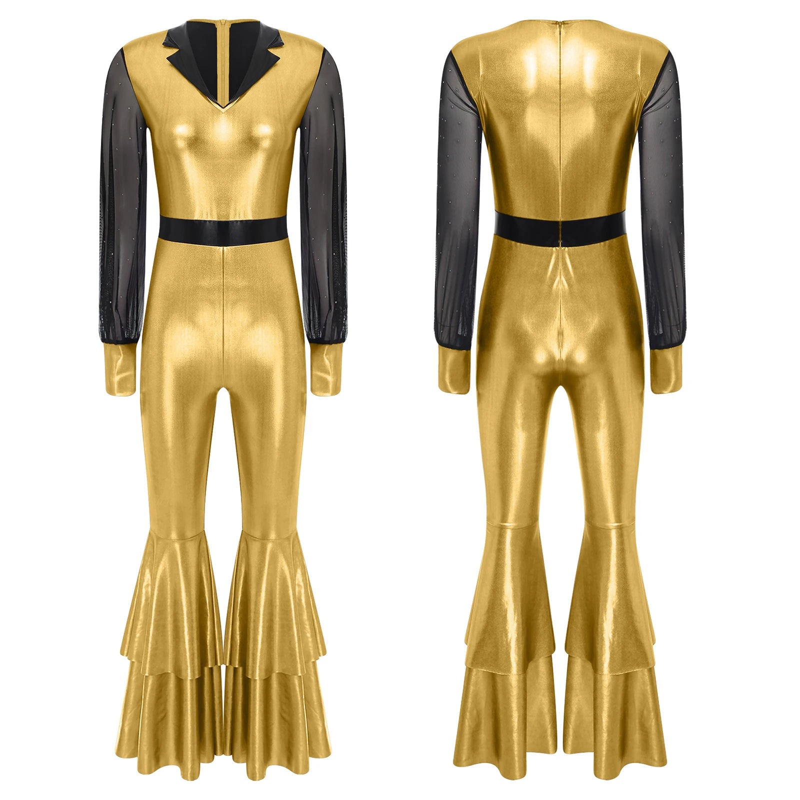70 80s Disco Classical Vintage Jumpsuit Women Shiny Metallic High Waist Flared Bell-bottomed Rompers Playsuits for Dance Cosplay