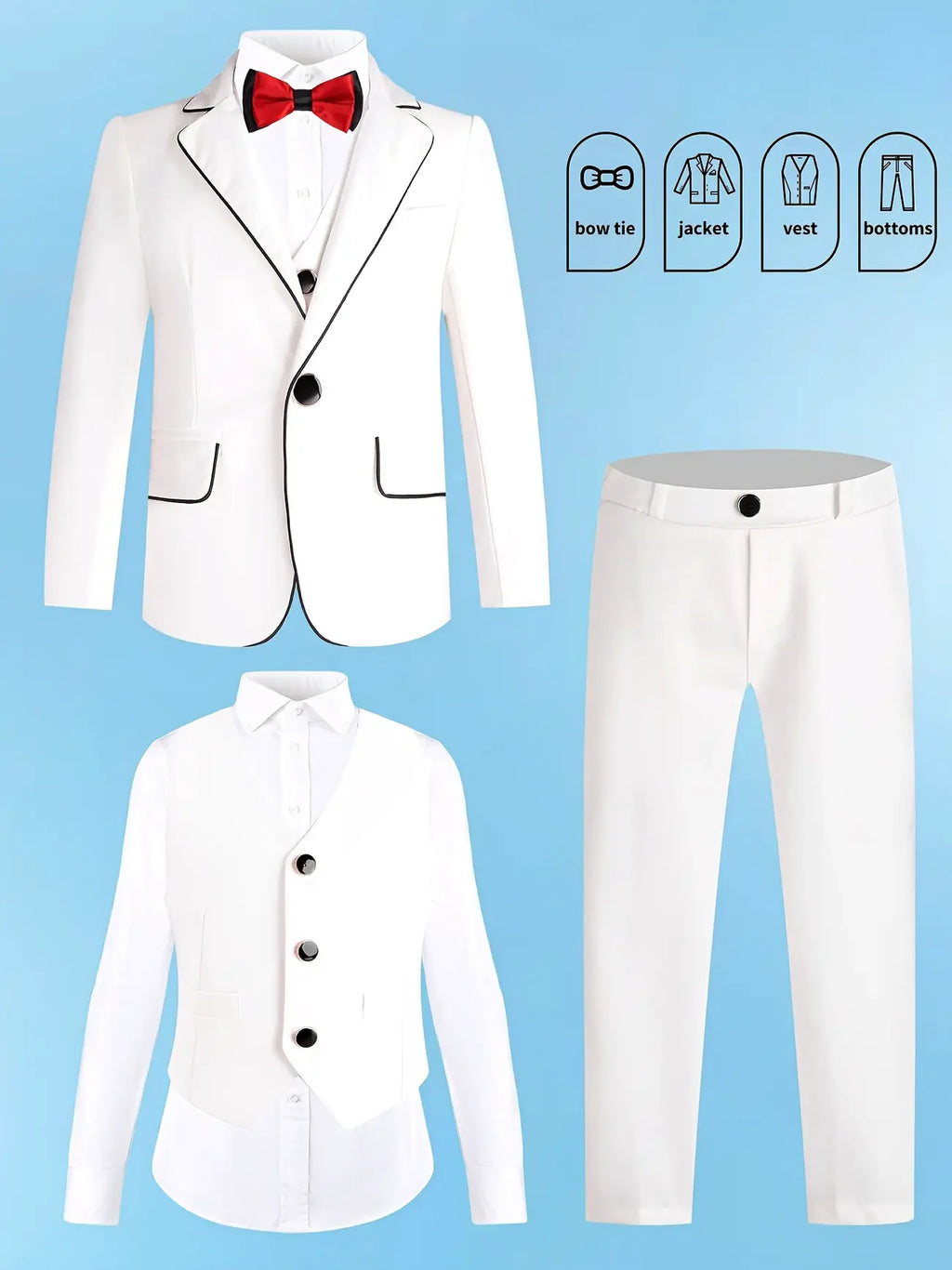 Gentleman Kids Spring White 4Pieces/Set Jacket Vest Pants Bowtie 4Pieces Wedding Suit Boys Photography Dress Children Costume