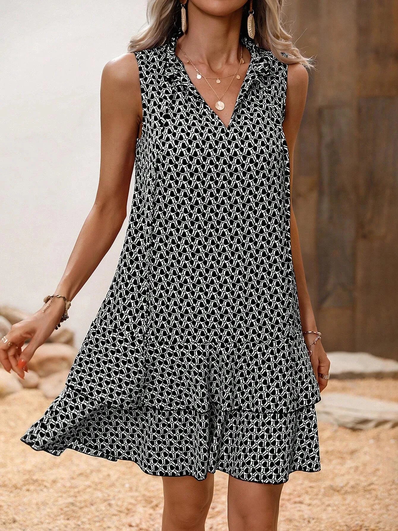 Dresses For Women Bohemia Dress Mini Dress Elegant  Printed V-neck Lace-up Small 2026 Women's Casual Loose Ruffle Mini Dress