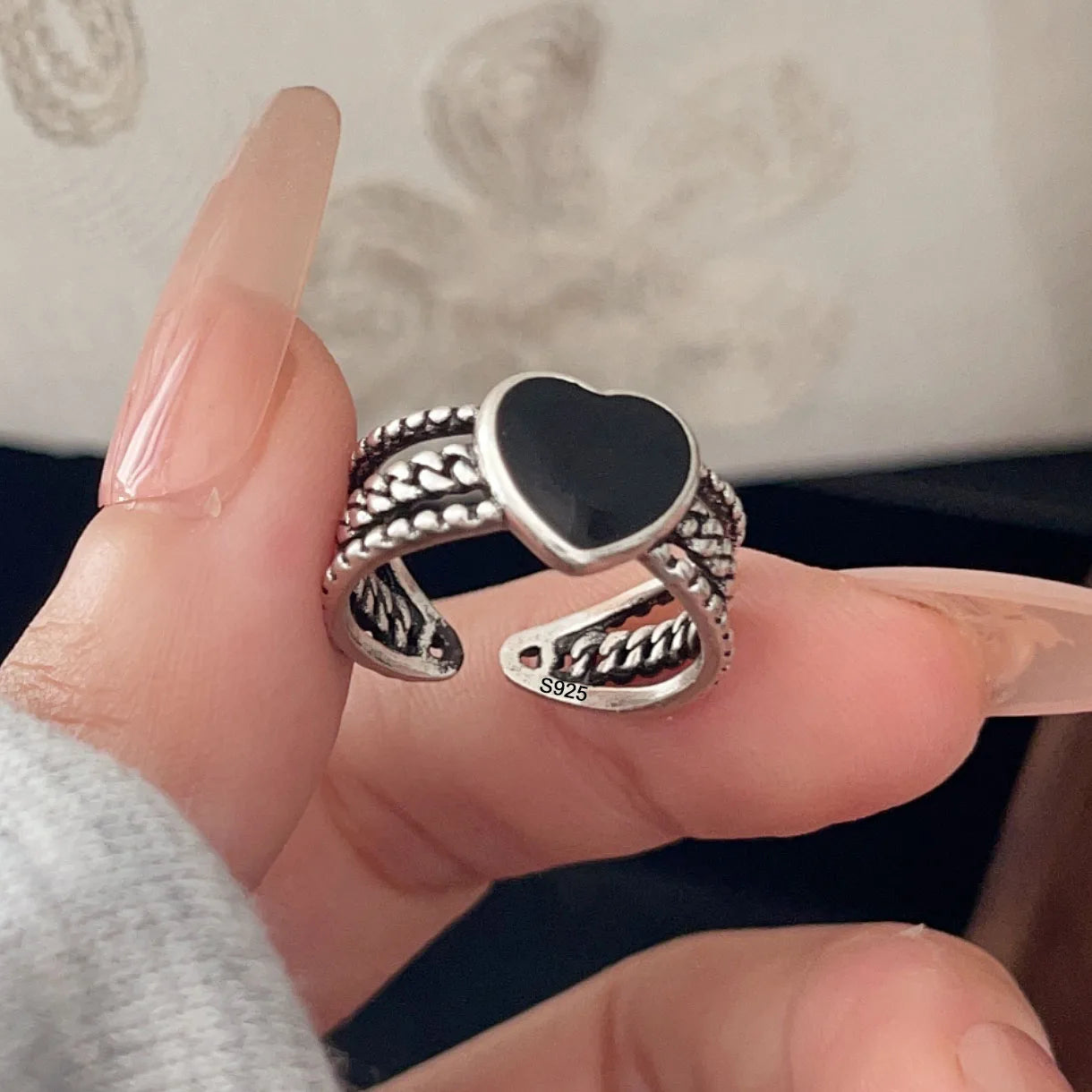 925 Sterling Silver Rings For Women Geometric Fine Jewelry Finger Adjustable Wide Heart Stone Ring For Party Birthday Gift