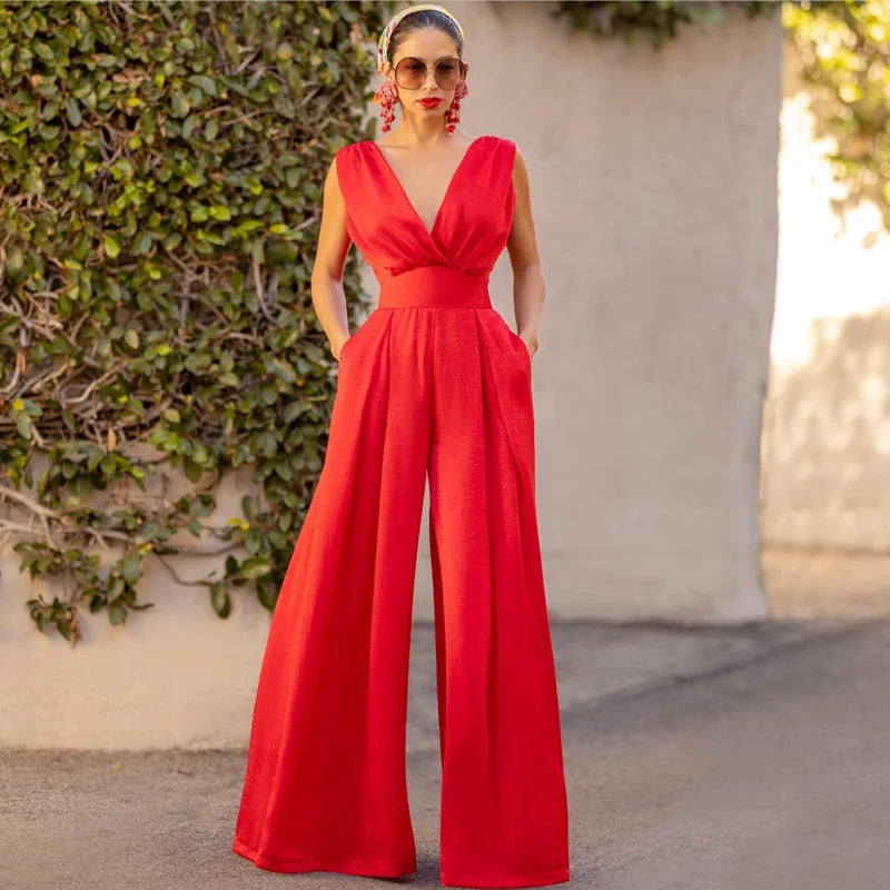 Jumpsuit Women Summer New Sleeveless Sexy Deep V-neck Solid Color High Waist Wide Leg Jumpsuits Elegant Commuting Lady Playsuits