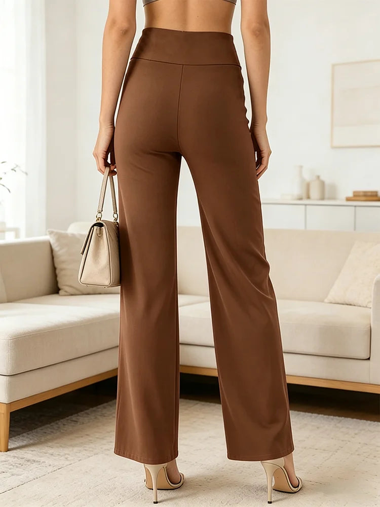 Women's high-waisted straight-leg pants - brown wide-leg pants, with a hip-raising design, suitable for casual and daily wear