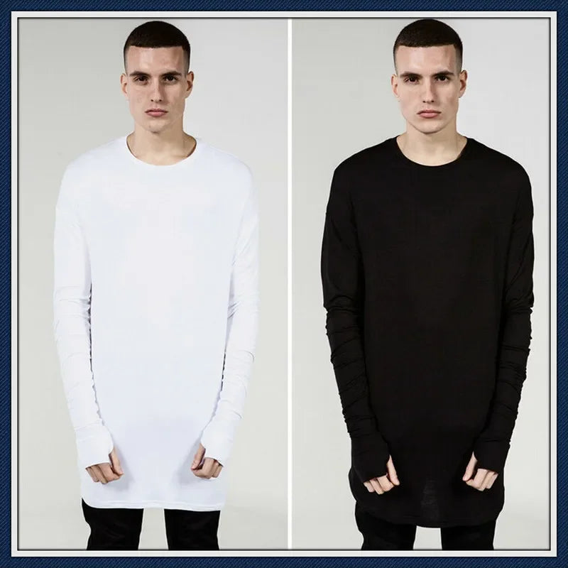 Quality Hip Hop T Shirt Full Mens Long Sleeve T-Shirt with Thumb Hole Cuffs Tees Shirts Curve Hem Men Street Wear Tops Plus Size