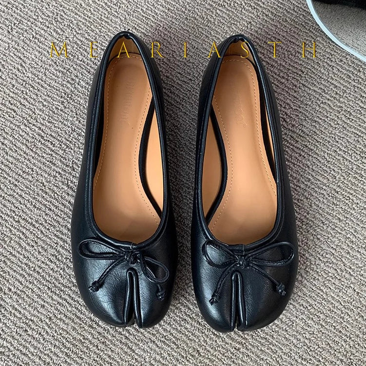 Tabi Shoes Ballet Falts Leather Ballerina Shoes For Women Split Toe Flats Tabi Shoes Slip On Soft Bottom Moccasins with Bowknot