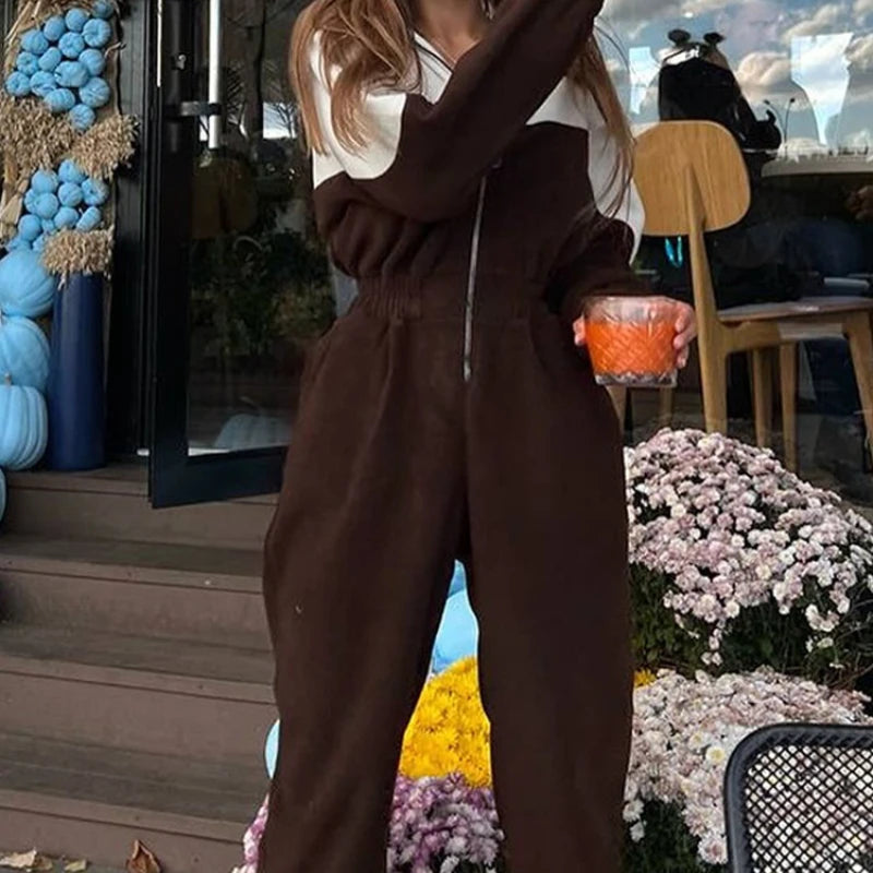 Women'S Jumpsuits Casual Sporty Sweatershirt Hoodies Suits Spliced Colored Zipper Long Pants Rompers Playsuits Autumn Winter y2k