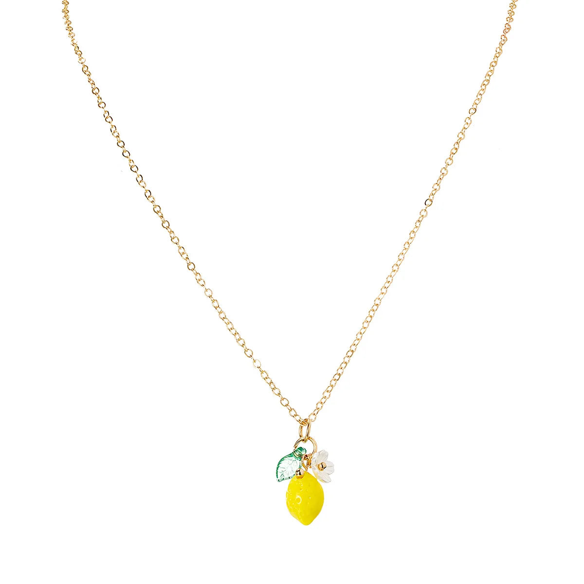 Fashion Cute Yellow Fruit Lemon Little Flower Green Leaf Pendant Metal Chain Adjustable Necklace for Women Summer Jewelry Gifts