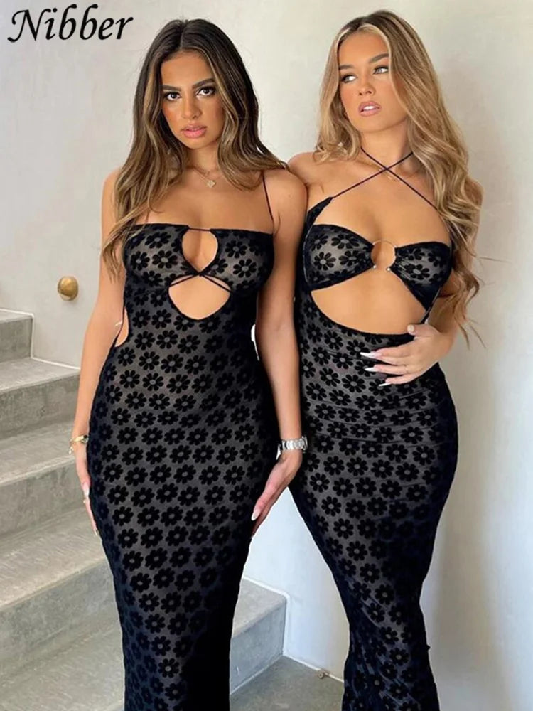 Nibber Dresses Women Maxi Dress Solid Color Hanging Neck Sexy Hollow Perspective Bag Hips Robe Female 2022street Trendy Clothing