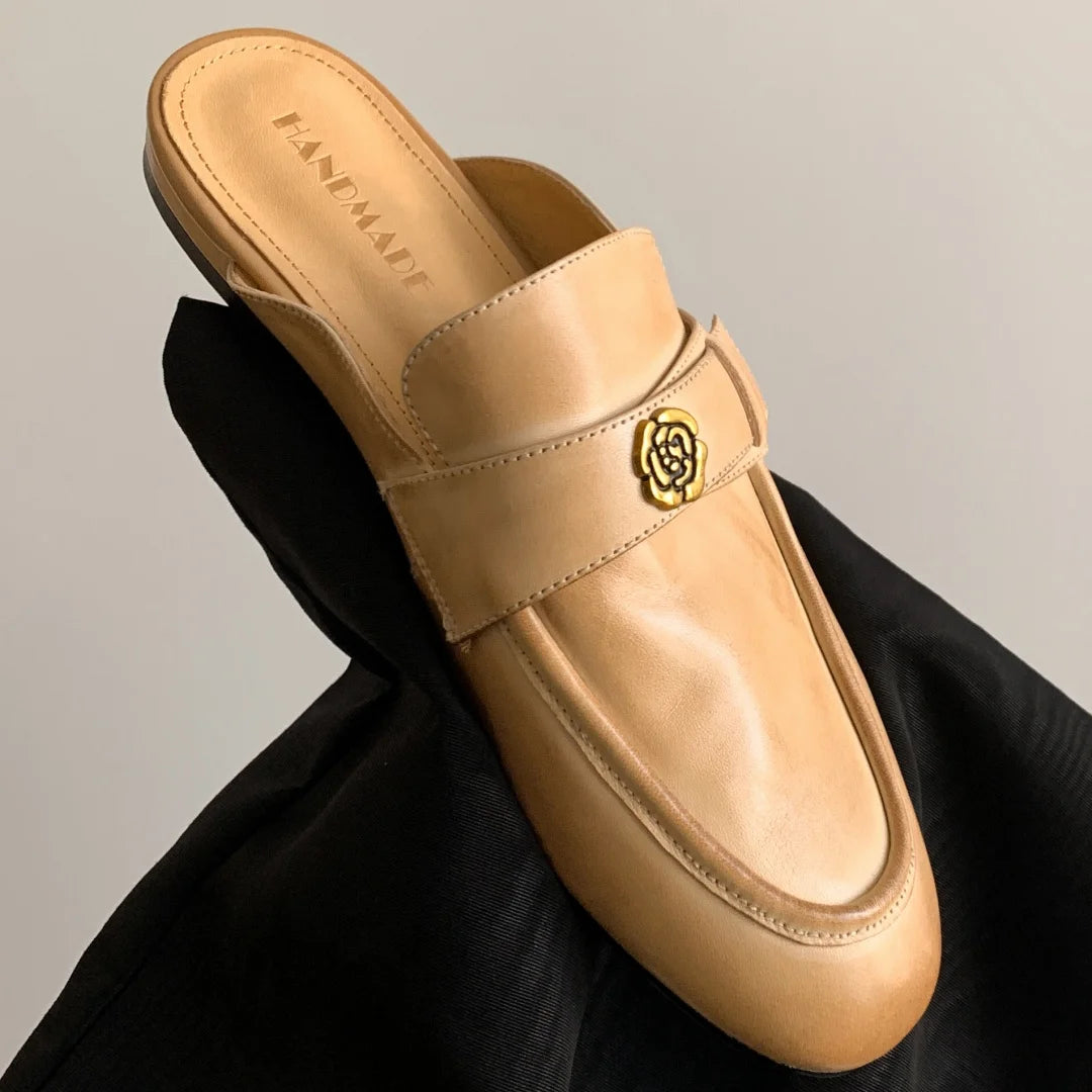 Women's cow leather round toe slip-on flats summer slides sandals high quality soft comfortable metal buckle casual female mules