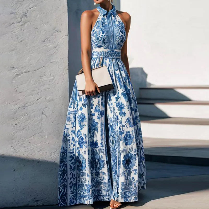 Vintage Floral Print Women Bohemian Dresses Spring Elegant Polo Collar Sexy Maxi Dress Summer Sleeveless Loose A-Line Long Dress