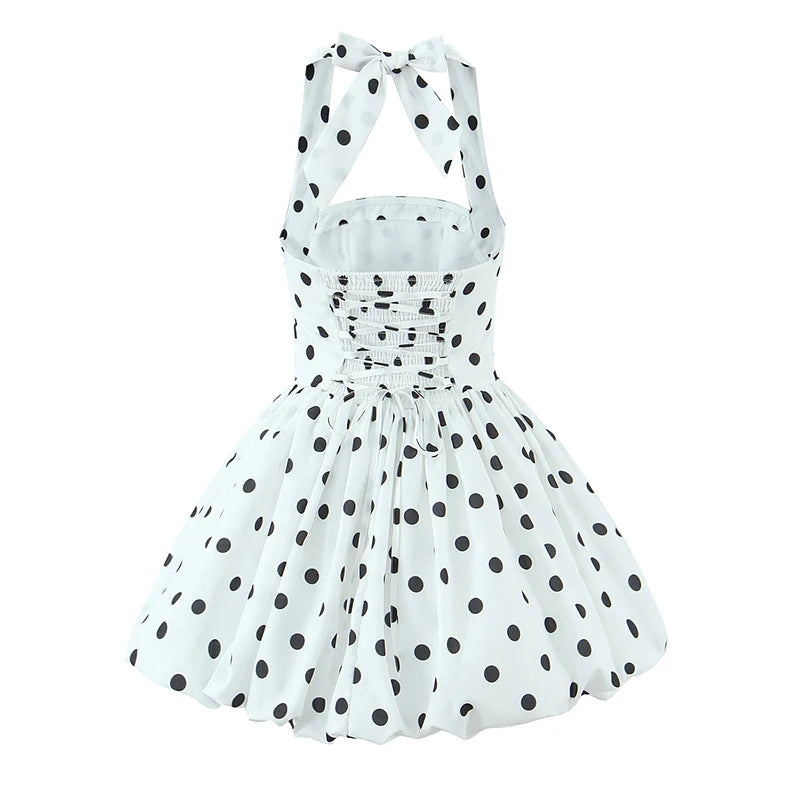 YENKYE Sexy Backless Polka Dot White Halter Ball Gown Dress Women Lace Up Back Elegant Party Dresses Summer Robe